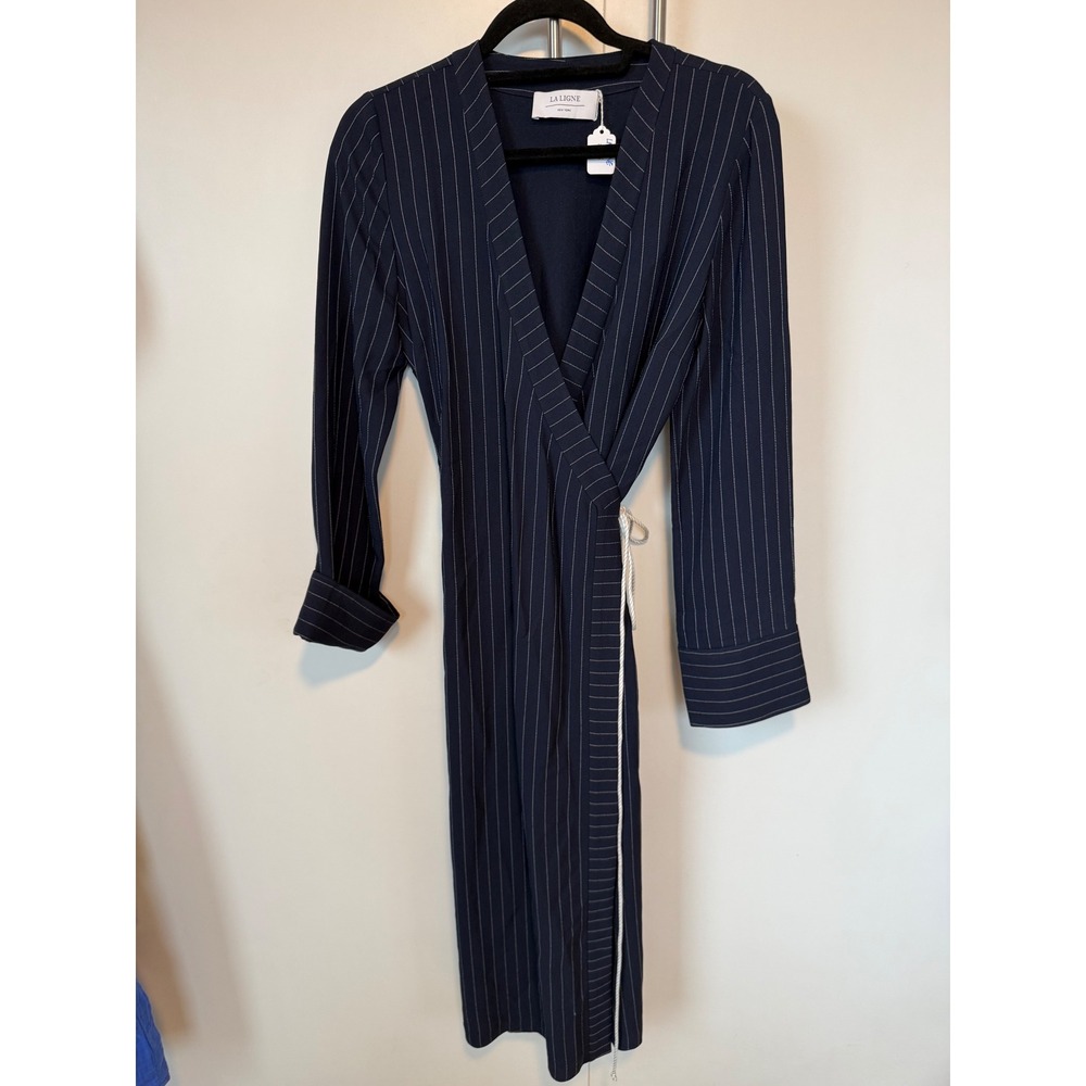 La Ligne New York Navy Pinstripe Wrap Dress Rope Tie Waist Size Small